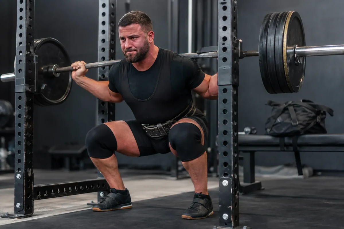 Powerlifter wearing properly fitted knee sleeves during squat training