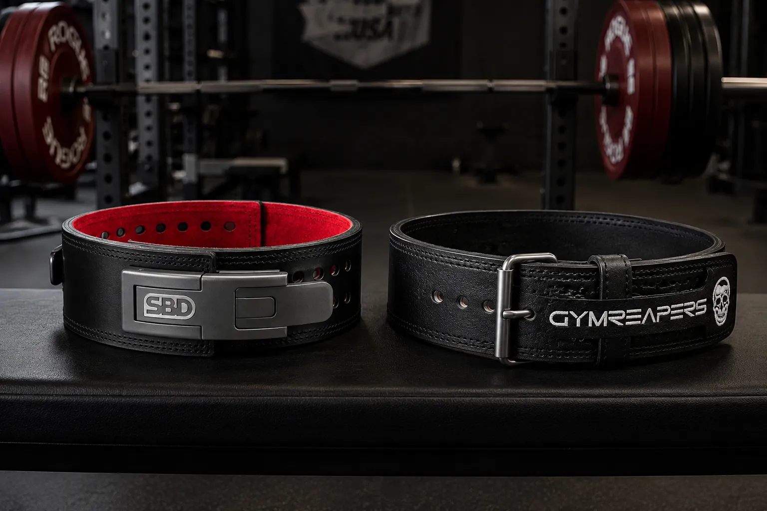 Lever and prong leather powerlifting belts compared side by side