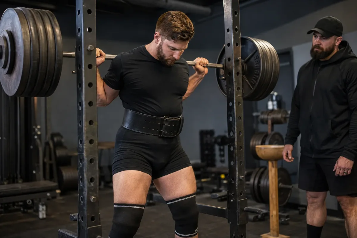 Powerlifter checking belt placement before a squat