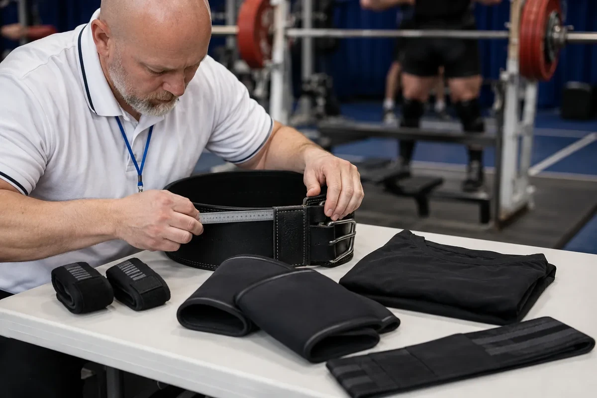 Powerlifting referee inspecting belt wraps and competition gear