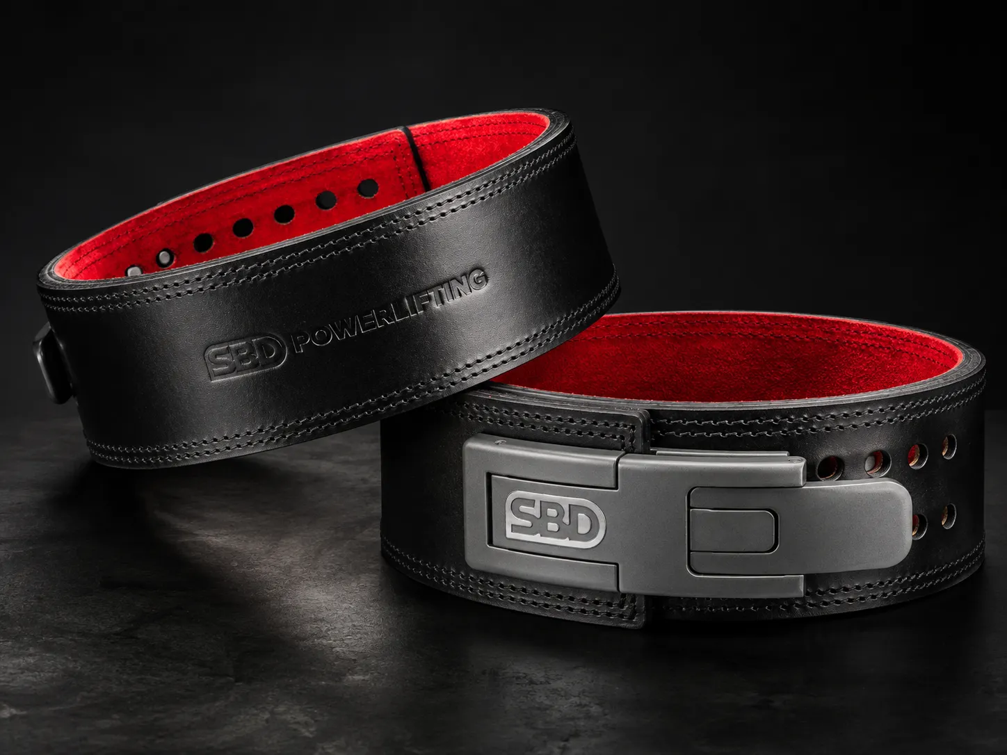 SBD black 13mm lever belt with red suede interior